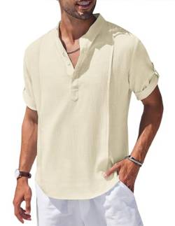 Jacansi Herren Kurzarm Leinen Hemden Freizeithemden Männer Sommer Hemd Regular Fit Henley Shirts Tops Beige L von Jacansi