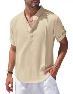 Jacansi Herren Leinenhemd Sommer Strandhemden Freizeithemd Kurze Ärmel Henley Hemd Men's Casual Shirts Khaki 3XL von Jacansi