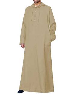 Jacansi Islamische Gebetskleidung Für Männer Nachthemd Lang Knöpfe Sommer Leinen Kaftan Thobe Khaki 2XL von Jacansi