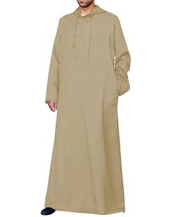 Jacansi Islamische Gebetskleidung Für Männer Nachthemd Lang Knöpfe Sommer Leinen Kaftan Thobe Khaki 3XL von Jacansi