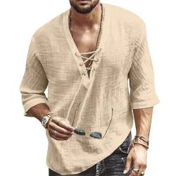 Jacansi Mens Casual Shirts Leinenhemd Herren 3/4 Ärmel Summer Beach Shirts V-Ausschnitt Schnürung Kordelzug Hemd Khaki L von Jacansi