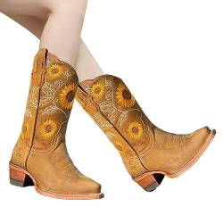 Jacekee Damen Cowboystiefel, Mit Blumen bestickte Damenstiefel, Ritterstiefel mit Blockabsatz und quadratischer Zehenpartie, Reitstiefel, bequeme Wanderstiefeletten für Mädchen und Frauen von Jacekee