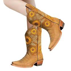 Jacekee Damen Cowboystiefel - Vintage Blumen bestickte Cowboystiefel,Ritterstiefel mit Blockabsatz und quadratischer Zehenpartie, Reitstiefel, bequeme Wanderstiefeletten für Mädchen und Frauen von Jacekee