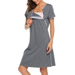 JackRuler Damen Umstands-Nachthemd mit Stillfunktion Stillshirt Kurzarm Umstandskleid Schwangerschaft Kleid Stillkleid Stillen Stretchkleid Umstandsmode Nachtwäsche Sleepshirt Umstands Nachthemd von JackRuler