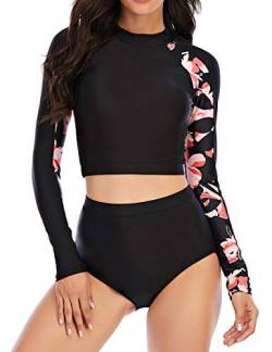 JadeRich Damen Mode Muster Langarm Tankini Sets UPF 50+ Rash Guard Badeanzug Sun Block Bademode, Red Flower, Large von JadeRich