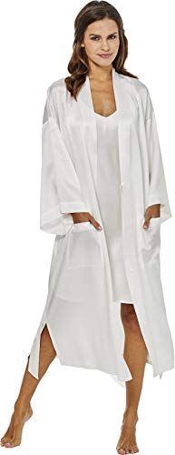 Jadee Damen Kimono Seide Hausmantel Morgenmantel lang aus 100% Seide - Off White - L von Jadee