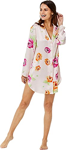 Jadee Damen Sleepshirt Seiden Nachthemd Nachtkleid Langarm aus 100% Seide - Pink Roses - S - von Jadee