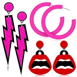 3 Paar 80er Jahre Retro Neon Ohrringe für Damen Rosa 80er Neon Creolen Lippe Blitz Ohrringe Übertriebene Baumeln Ohrstecker 80er Statement Ohrringe für Frauen Mädchen Festival von Jadive