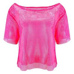 80er Jahre Netz Tops für Damen Rosa Neon Fischnetz Tops Kostüm Netz Neon Schulterfrei T Shirt Disco Retro Outfit Kostüm von Jadive