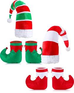 Jadive 6 Stück Weihnachten Elfen Schuhe Mütze Set für Erwachsene Grün Weiß Kostüm Zubehör Set Elfenhut Stiefel Elfen Rote Bonbon Schuhe für Abschlussball Verkleidung Weihnachten Geschenke von Jadive