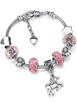 Jadive Einhorn Glänzenden Kristall Charm Armband Strass Armreif mit Einhorn Präsent Box Karten Set für Mädchen Damen (Rosa,14 cm/ 5,5 Zoll,undefined) von Jadive