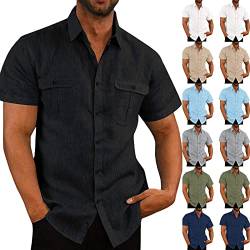 Leinenhemd Herren Kurzarm Hemd Sommer Freizeithemd Mit Brusttasche Button Down Regular Fit Kurzarmhemd Businesshemd Männer Einfarbig Basic Baumwolle Leinen Shirt Angebote des Tages Heute Schwarz 3XL von Jamicy