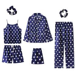 Jamron Damen 7PCS Satin Pyjama Set Frühling Sommer Herbst Tops & Kurze Hose Nachtwäsche SN07655 Blau Herz M von Jamron