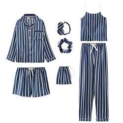 Jamron Damen 7PCS Satin Pyjama Set Frühling Sommer Herbst Tops & Kurze Hose Nachtwäsche SN07655 Blau Streifen L von Jamron