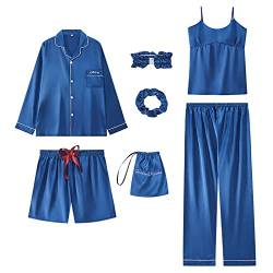 Jamron Damen 7PCS Satin Pyjama Set Frühling Sommer Herbst Tops & Kurze Hose Nachtwäsche SN07655 Blau XL von Jamron