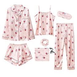 Jamron Damen 7PCS Satin Pyjama Set Frühling Sommer Herbst Tops & Kurze Hose Nachtwäsche SN07655 Erdbeere L von Jamron