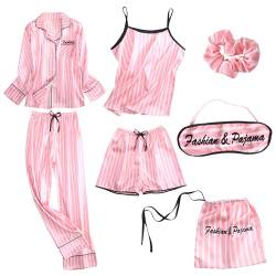 Jamron Damen 7PCS Satin Pyjama Set Frühling Sommer Herbst Tops & Kurze Hose Nachtwäsche SN07655 Rosa Streifen L von Jamron
