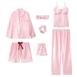 Jamron Damen 7PCS Satin Pyjama Set Frühling Sommer Herbst Tops & Kurze Hose Nachtwäsche SN07655 Rosa XL von Jamron