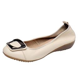 Jamron Damen Echtleder Komfort Schuhe Weich Sohle Ballerinas Niedrige Keilabsatz Slippers Beige SN020624 EU36 von Jamron