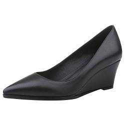 Jamron Damen Echtleder Spitze 5.5CM Keilabsatz Pumps Büroarbeit Gericht Schuhe Schwarz SN02411-2 EU39.5 von Jamron