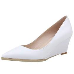 Jamron Damen Echtleder Spitze 5.5CM Keilabsatz Pumps Büroarbeit Gericht Schuhe Weiß SN02411-2 EU39.5 von Jamron