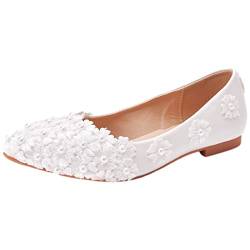 Jamron Damen Elegant Spitze Zehen Perlen Brautschuhe Pumps Weiche Sohle Ballerinas Weiß SN070435 EU38.5 von Jamron