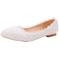 Jamron Damen Elegant Spitze Zehen Spitzenbesatz+Perlen Brautschuhe Pumps Weiche Sohle Ballerinas Weiß SN070435 EU37.5 von Jamron