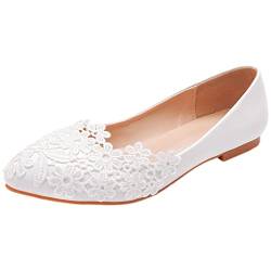 Jamron Damen Elegant Spitze Zehen Spitzenbesatz Brautschuhe Pumps Weiche Sohle Ballerinas Weiß SN070435 EU37.5 von Jamron