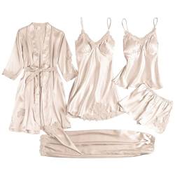 Jamron Damen Elegante Stickerei Spitze 5PCS Satin Pyjama Set Robe + Kleid + Hosen Nachtwäsche Set mit BH-Einlagen Champagner SN079126 XL von Jamron