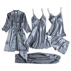 Jamron Damen Elegante Stickerei Spitze 5PCS Satin Pyjama Set Robe + Kleid + Hosen Nachtwäsche Set mit BH-Einlagen Grau SN079126 XL von Jamron