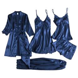 Jamron Damen Elegante Stickerei Spitze 5PCS Satin Pyjama Set Robe + Kleid + Hosen Nachtwäsche Set mit BH-Einlagen Marineblau SN079126 M von Jamron
