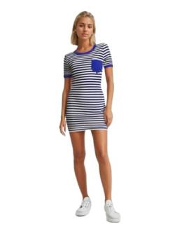 Jamron Damen Freizeit Sommer T-Shirt Kleid Gestreift Bodycon Minikleid mit Vordertasche SN07521 Blau XXL von Jamron