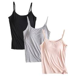 Jamron Damen Große Größen 3er Pack Basic Tank Top Verstellbarer Spaghettiträger Unterhemden mit Integriertem Regal BH Schwarz + Grau + Nackt XXL von Jamron