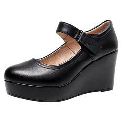 Jamron Damen Hohe Plateau 8CM Keilabsatz Mary Jane Schuhe Klettverschluss Knöchelriemen Leder Pumps Schwarz SN070281-2 EU39.5 von Jamron