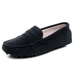 Jamron Damen Klassisch Wildleder Penny Loafers Gemütlich Handgefertigt Mokassins Slippers Schwarz 24208 EU44 von Jamron