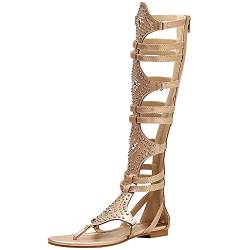 Jamron Damen Knie Hoch Römische Gladiator Sandalen Nieten Besetzt Riemchensandalen Reißverschluss Zehensandalen Gold SN020342 EU38 von Jamron