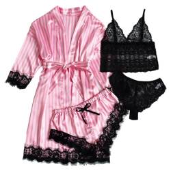 Jamron Damen Sexy Blumen Spitzenborte 4 Stück Pyjama Set Satin Babydoll Erotische Dessous Outfit SN070316 Rosa Streifen XL von Jamron