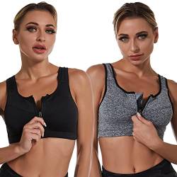 Jamron Damen Übergröße 2er-Pack Starker Halt Sport BH - Reißverschluss Vorne - Drahtlose & Abnehmbare Polster - Racerback Fitness Yoga Top Schwarz + Grau M von Jamron