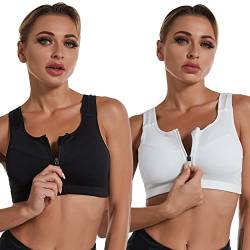 Jamron Damen Übergröße 2er-Pack Starker Halt Sport BH - Reißverschluss Vorne - Drahtlose & Abnehmbare Polster - Racerback Fitness Yoga Top Schwarz + Weiß M von Jamron