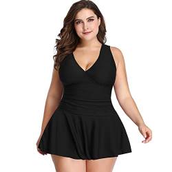 Jamron Damen Übergröße Zweiteiliger Tankini Badekleid mit Boyshort V-Ausschnitt Blumenmuster Bauchweg Badeanzug Schwarz 4XL von Jamron