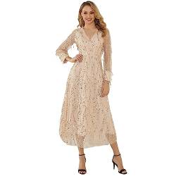 Jamron Damen Umkehrbar Elegant V-Ausschnitt Pailletten Quaste Tüllkleid Lange Abendkleid Hochzeitskleid SN0703118 Beige M von Jamron