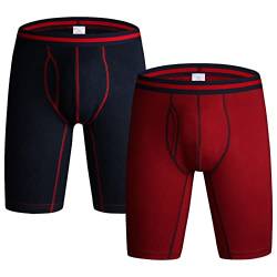 Jamron Herren 2er Pack Baumwolle Dehnbar Boxershorts mit Langem Bein Sportunterwäsche mit Eingriff Burgund & Marineblau 3XL von Jamron