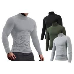 Jamron Herren 3er-Pack Langarm Kompressionsshirt - Funktionsshirt Laufshirt Fitnessshirt mit Stehkragen - Thermo Baselayer Unterhemden Schwarz + Armeegrün + Hellgrau L von Jamron