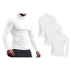 Jamron Herren 3er-Pack Langarm Kompressionsshirt - Funktionsshirt Laufshirt Fitnessshirt mit Stehkragen - Thermo Baselayer Unterhemden Weiß + Weiß + Weiß XL von Jamron