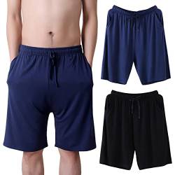 Jamron Herren Übergröße 2er Pack Kurze Schlafanzughose Pyjamahose Dehnbare Leicht Schlafshorts Freizeithose mit Taschen Schwarz + Marineblau 3XL von Jamron