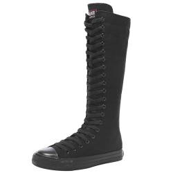 Jamron Mädchen Damen Modisch Knie Hoch Schnüren Segeltuch Stiefel Rein Schwarz Leinenschuhe Reißverschluss Tanzschuhe SN811 EU36 von Jamron