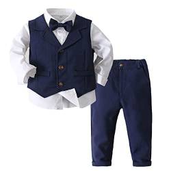 JanJean Baby Jungen Outfits Anzüge Kinder Langarm Hemd + Weste + Hosen + Krawatte Gentleman Festliche Hochzeitsanzüg Navy Blau 86-92 von JanJean
