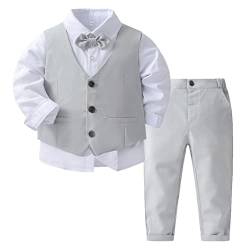 JanJean Baby Jungen Outfits Anzüge Kinder Langarm Hemd + Weste + Hosen + Krawatte Gentleman Festliche Hochzeitsanzüg Z Grau 80-86 von JanJean