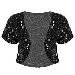 JanJean Damen Glänzende Pailletten Bolero Kurzjacke Mantel Glitzer Strickjacke Shrug Bolerojacke Festlich Kurz Cardigan Bühnenkostüm Schwarz Einheitsgröße von JanJean