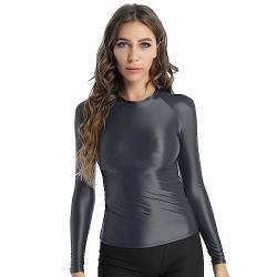 JanJean Damen Langarm/Kurzarm Shirt Glänzend Sportshirt Slim Fit Crop Top Schnell Trocken Elastisch Oberteile Yoga Gym T-Shirt Grau L von JanJean